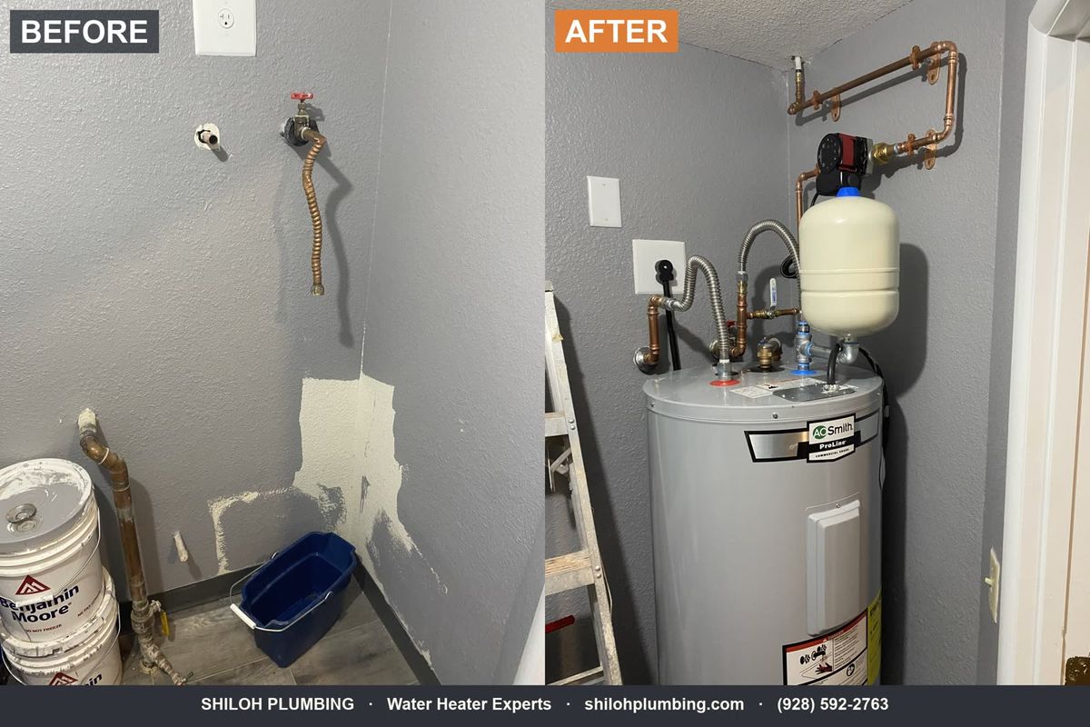 Before and after: old corroded connections replaced with a new A.O. Smith tank water heater and clean copper lines