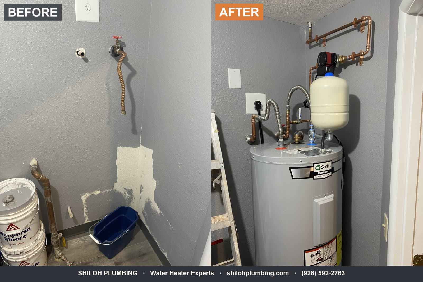 Before and after: aging tank water heater replaced with a clean new install and fresh copper piping