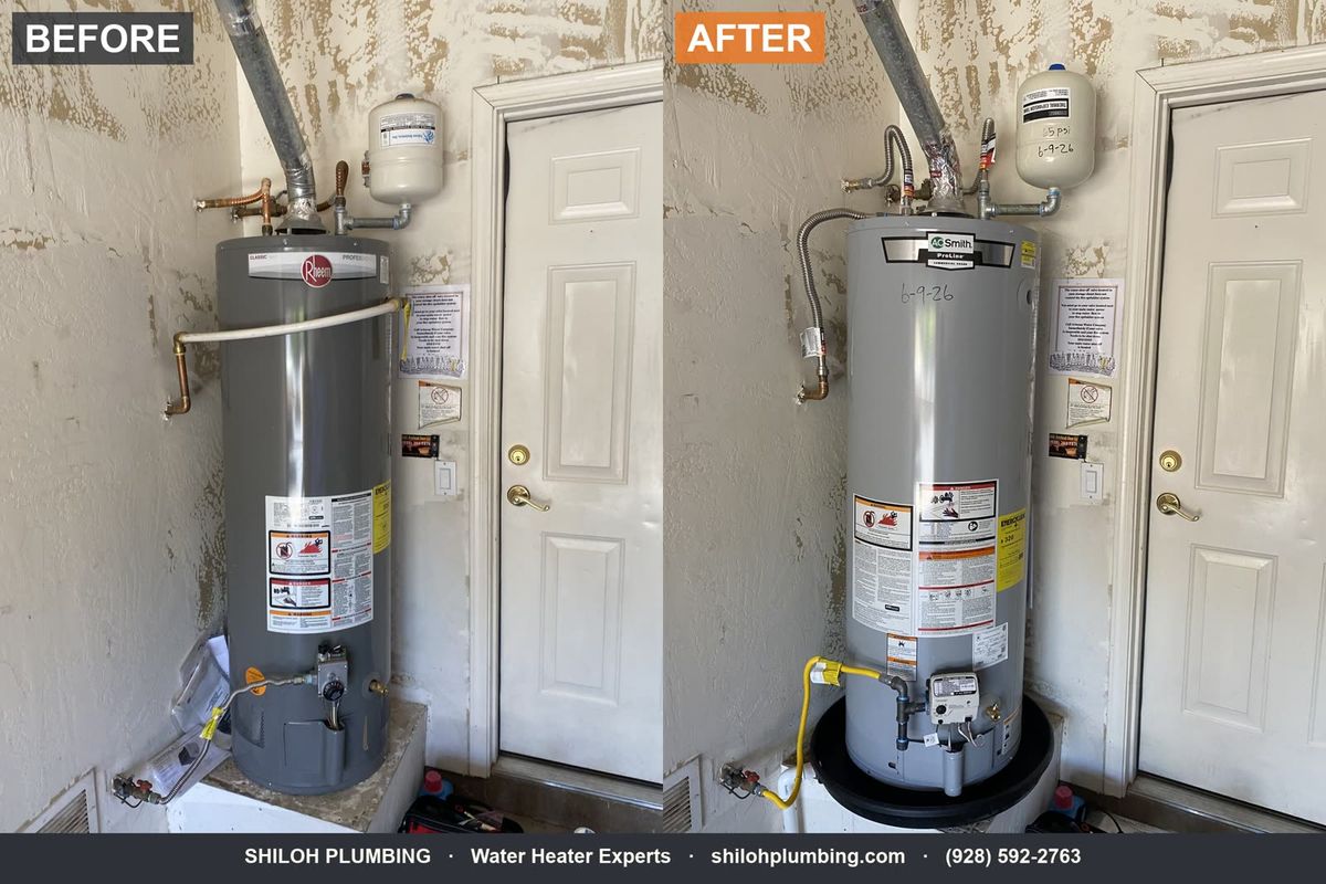 Before and after: tank water heater replacement by Shiloh Plumbing