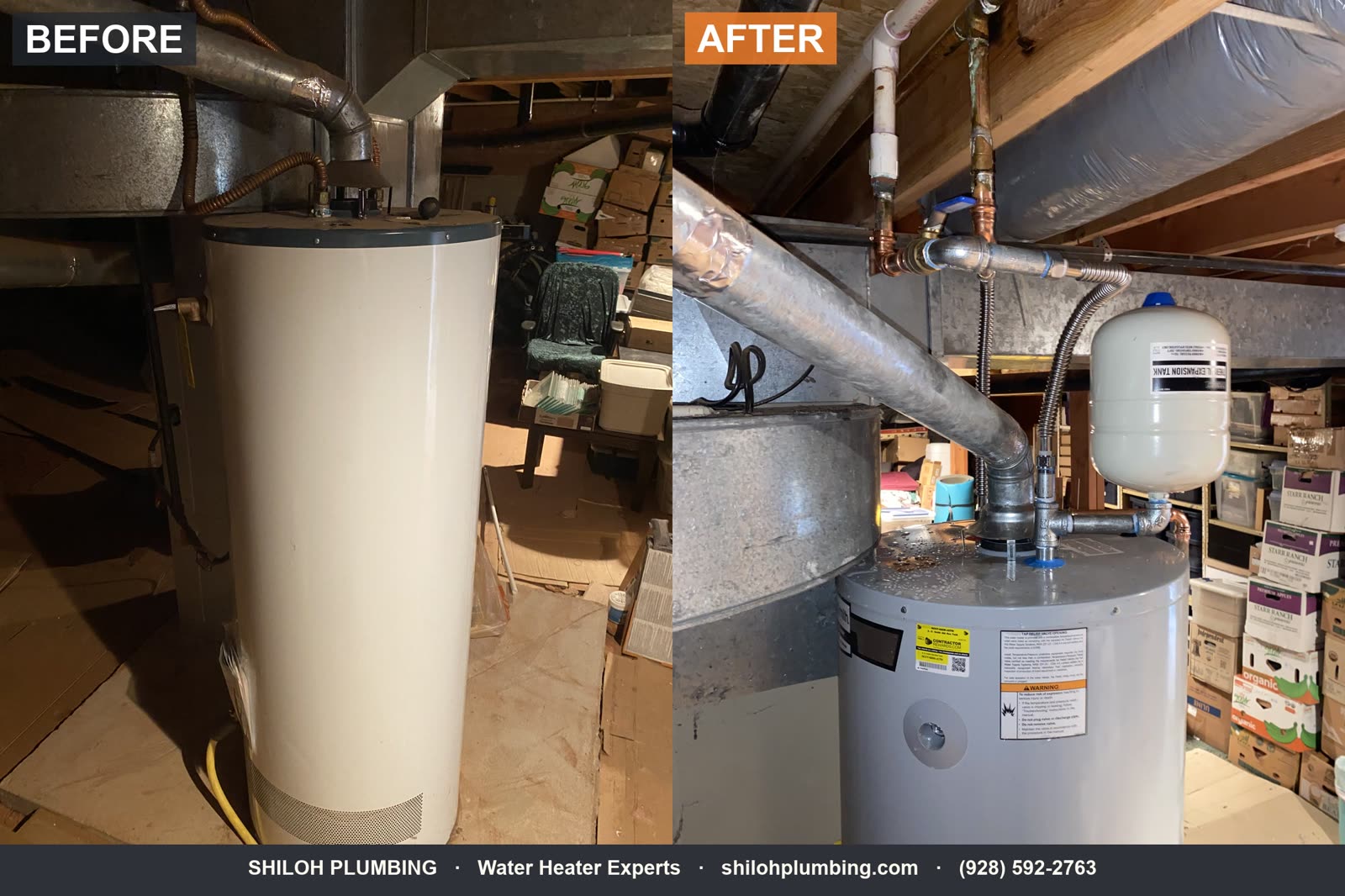 Before and after water heater replacement in a Northern Arizona garage