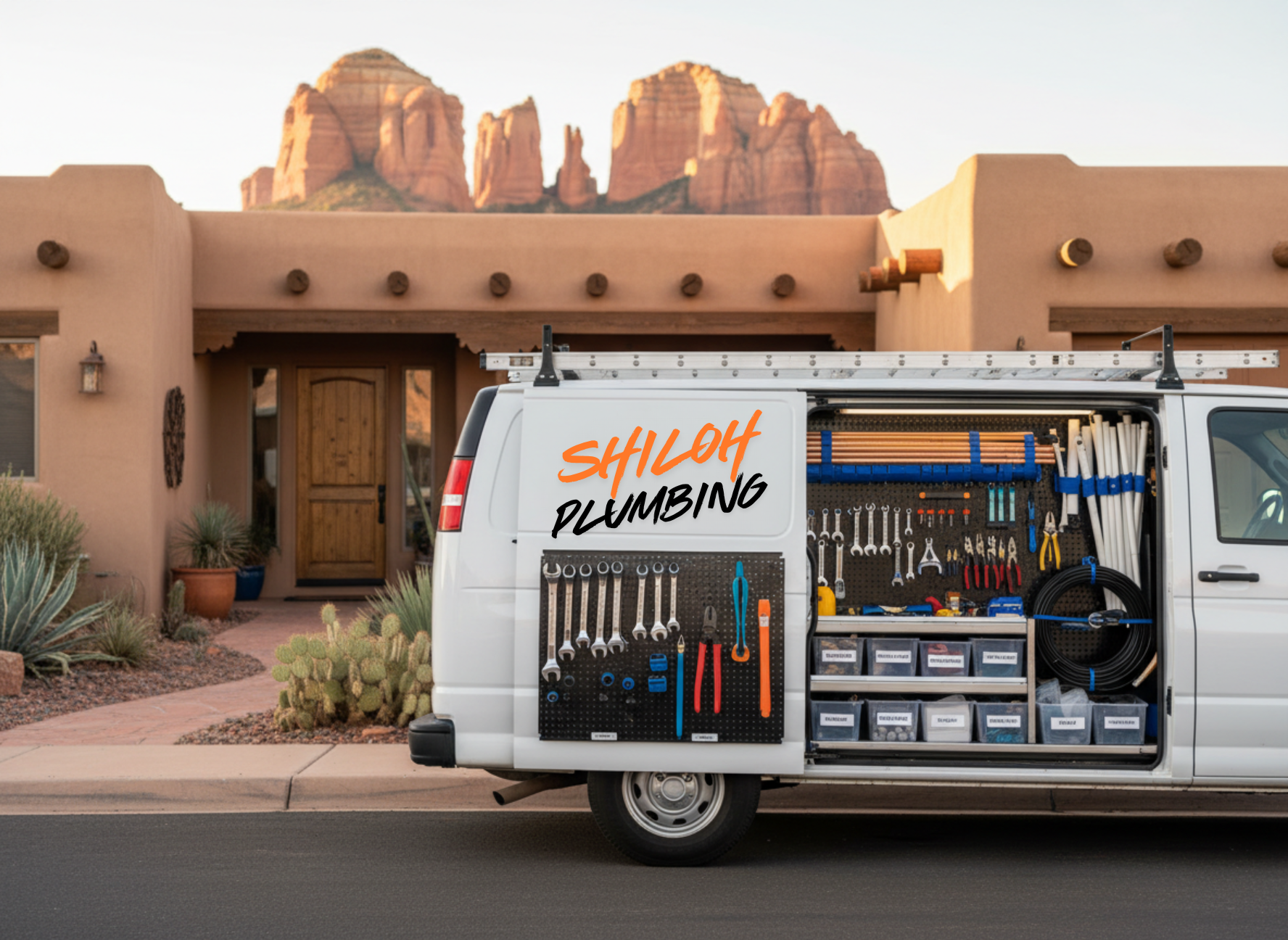 A neatly organized plumbing service van parked in front of a well-maintained Southwestern-style home in Sedona, Arizona, with red rock formations softly blurred in the distant background. The van’s side doors are open, revealing meticulously arranged copper and PVC pipes, gleaming wrenches, drain augers, and diagnostic equipment secured in labeled bins. Late afternoon golden sunlight casts warm, clean highlights along the van’s white exterior and the home’s stucco walls, creating gentle, reassuring shadows. Photographed at eye level in crisp photographic realism, the composition places the van on the right third of the frame, emphasizing reliability and readiness. The mood is professional, calm, and trustworthy, with a clean, modern aesthetic that reflects dependable, honest plumbing service for homes and businesses.